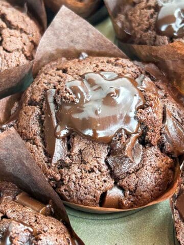 final product of chocolate muffin with gooey chocolate ganache.