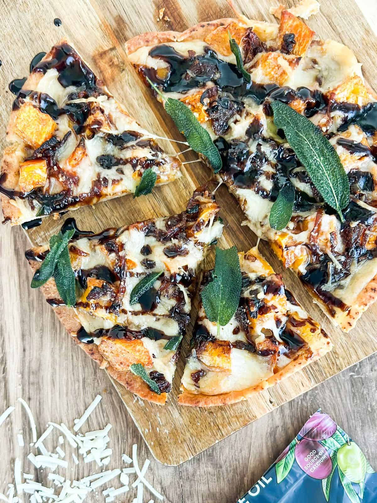 Butternut squash flatbread with caramelized onions, sage and a balsamic glaze on top.