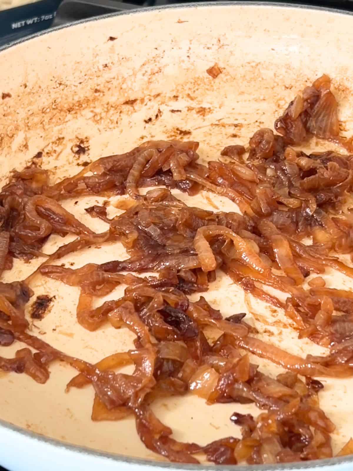 Caramelized onions in a pan.