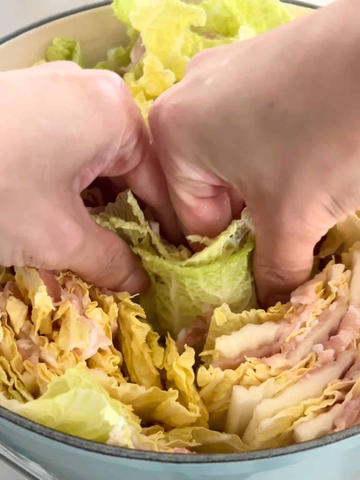 Packing in the sliced napa cabbage with pork belly into a large Dutch oven.